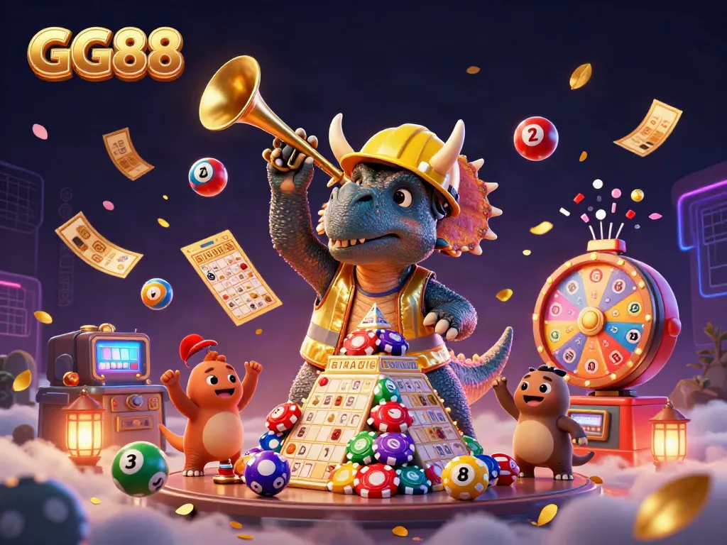 GG88 gambling celebration scene with colorful lottery balls and cheerful characters