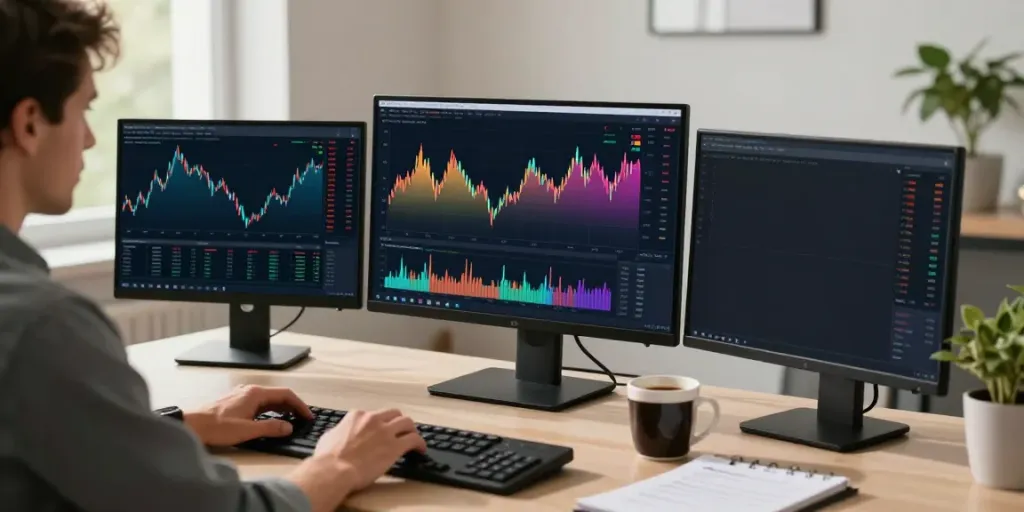 Trader using MetaTrader 5 to analyze financial markets in a modern office.