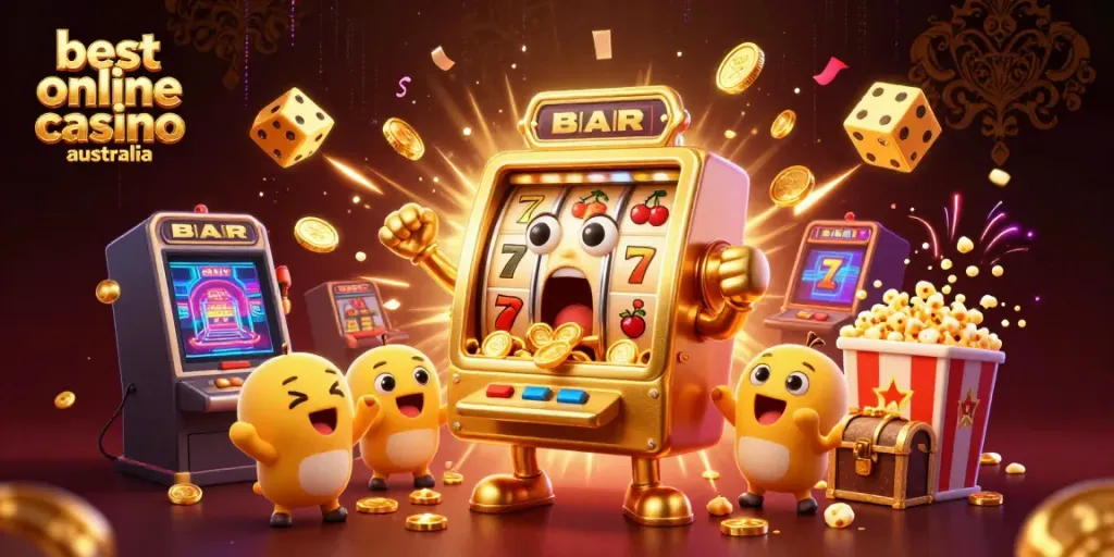 Experience the excitement of the best online casino Australia as the golden slot machine hits a jackpot, showering coins.