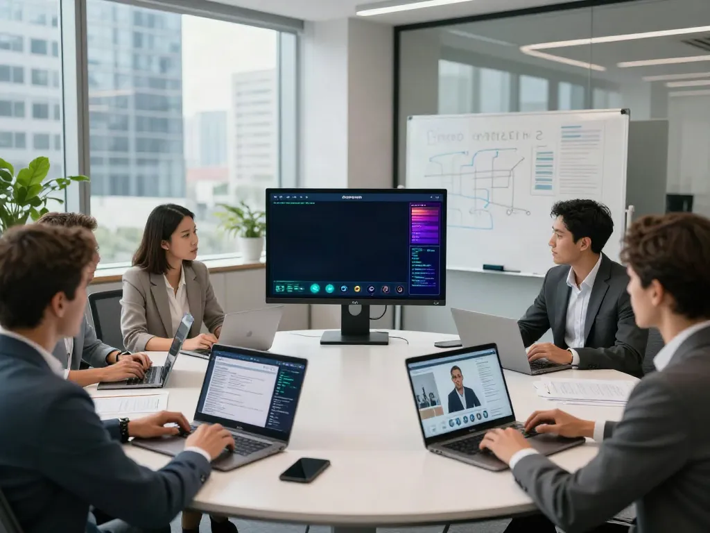Deepfake protected meetings with a diverse team collaborating in a corporate office setting.