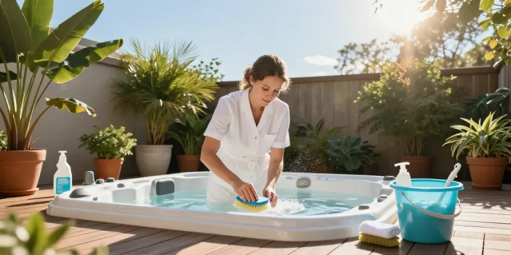 Spa Cleaning & Wash Replacement in a serene outdoor setting, highlighting a cleaner scrubbing a hot tub with eco-friendly products.