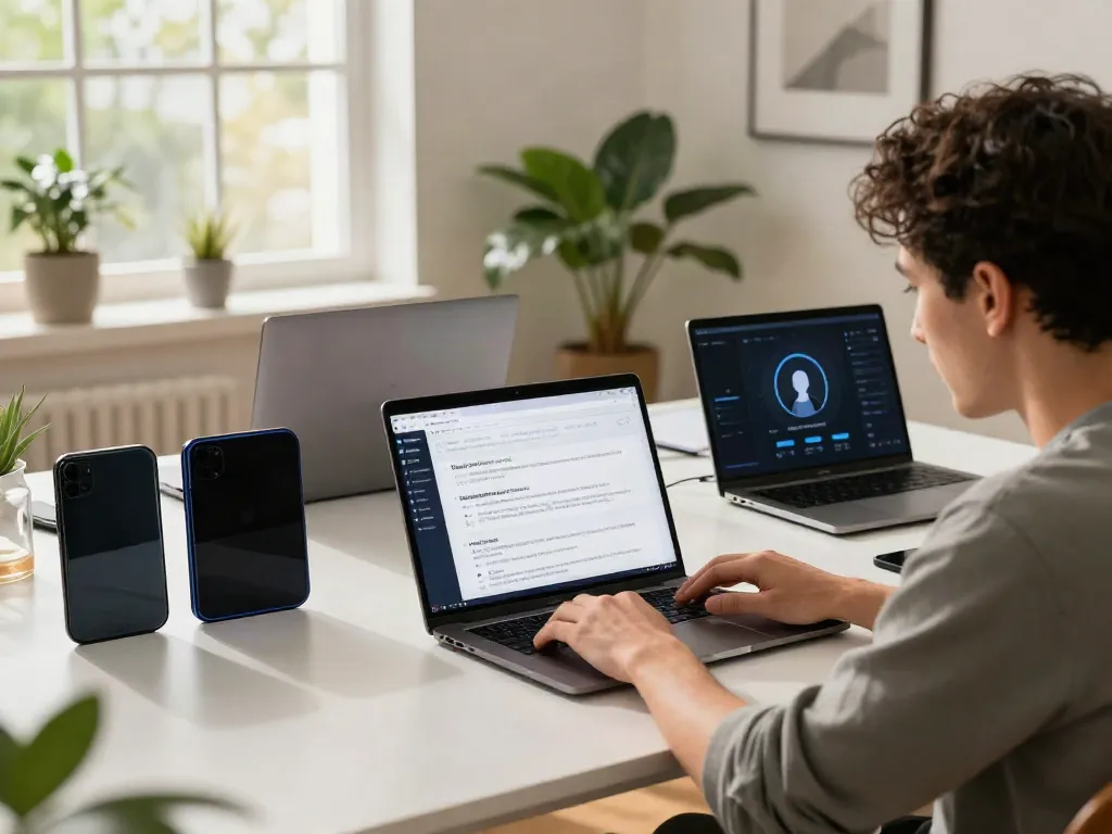 AI electronics product descriptions generator being evaluated in a modern workspace filled with gadgets.