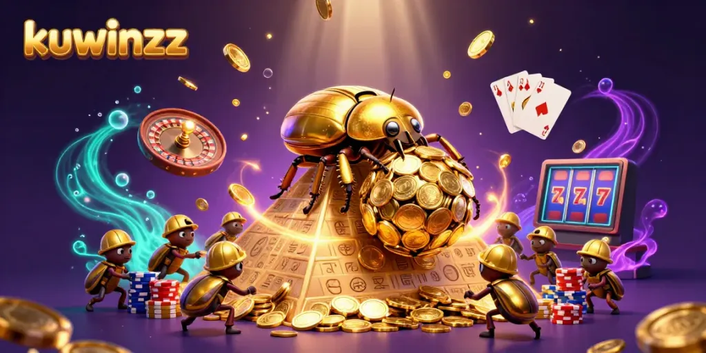 Engage in festive gambling fun with kuwinzz, featuring a whimsical golden beetle scene with dazzling casino symbols.