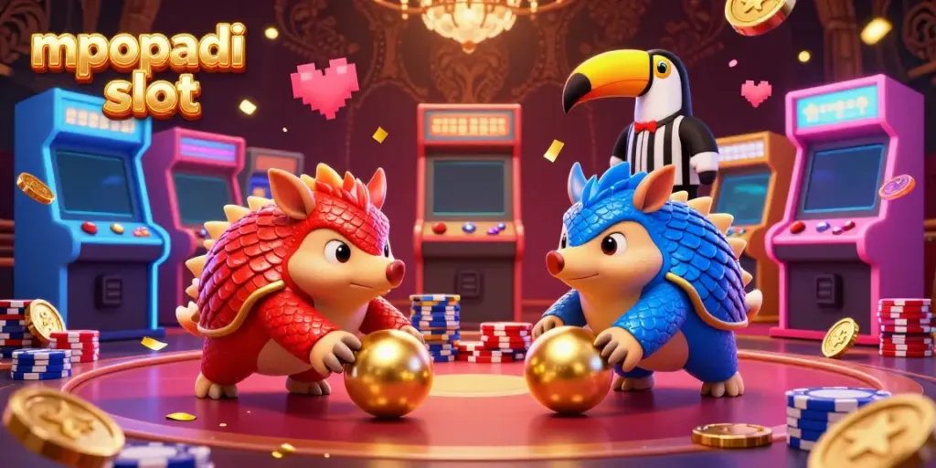 Experience the excitement of mpopadi slot as cartoon pangolins playfully engage in vibrant casino actions.