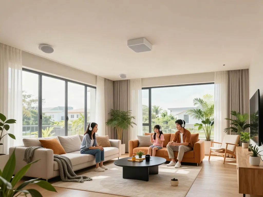Stylish living room with ceiling speakers enhancing sound quality while family enjoys a cozy atmosphere.