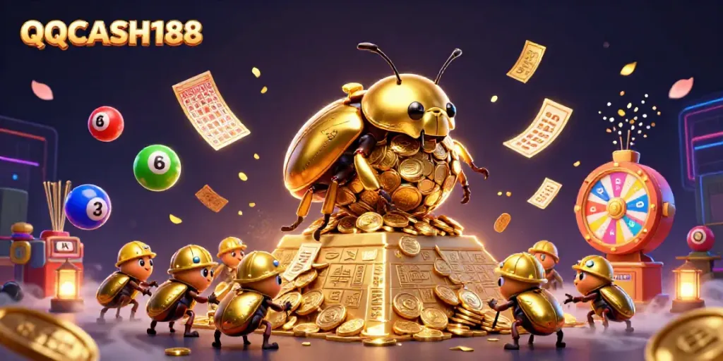 Engaging QQCASH188 illustration depicting a golden beetle promoting an exciting online casino experience.