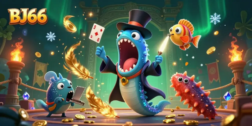 Experience thrilling action with BJ66 in this vibrant, 3D casino-themed illustration.
