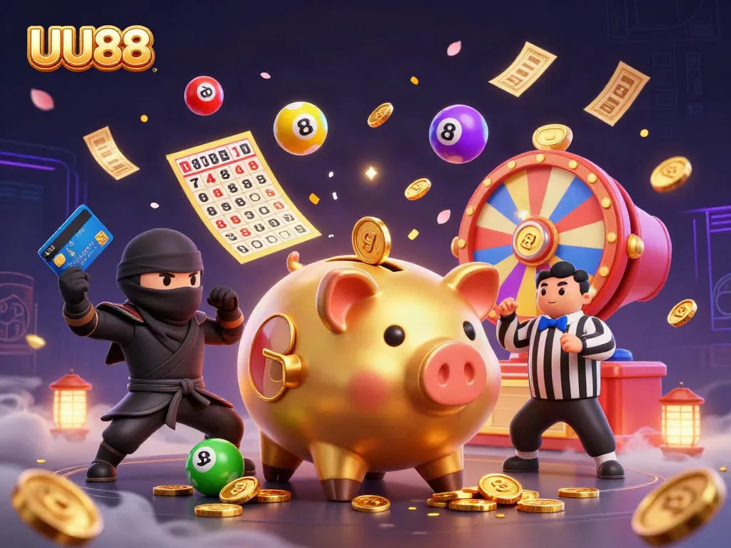 Join the excitement at UU88 with a dynamic 3D scene featuring a piggy bank wrestler and gaming elements.