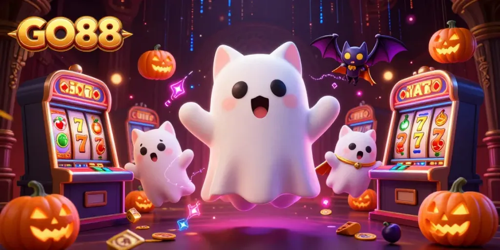 Experience fun with GO88 in a haunted casino, featuring a ghost cat and vampire bat alongside lively slot machines.