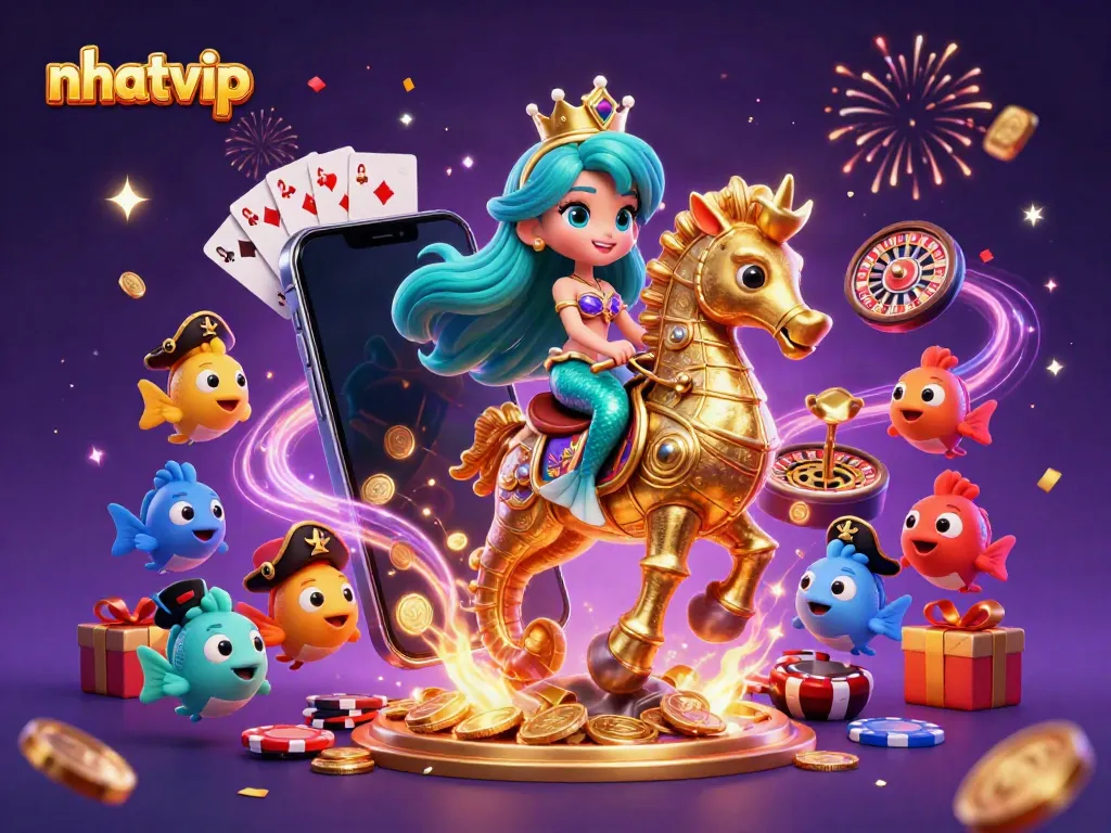 Nhatvip mermaid princess charm playing popular slot games in a colorful casino setting.