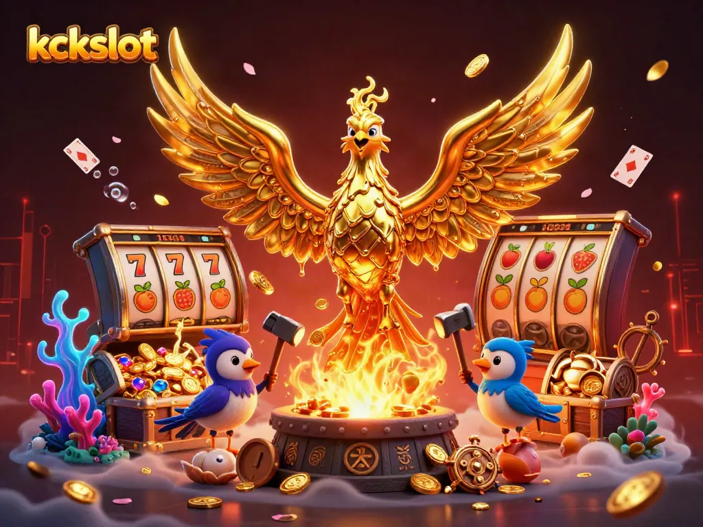 Permainan kckslot menampilkan phoenix emas dengan koin mengalir dan elemen slot yang memikat.