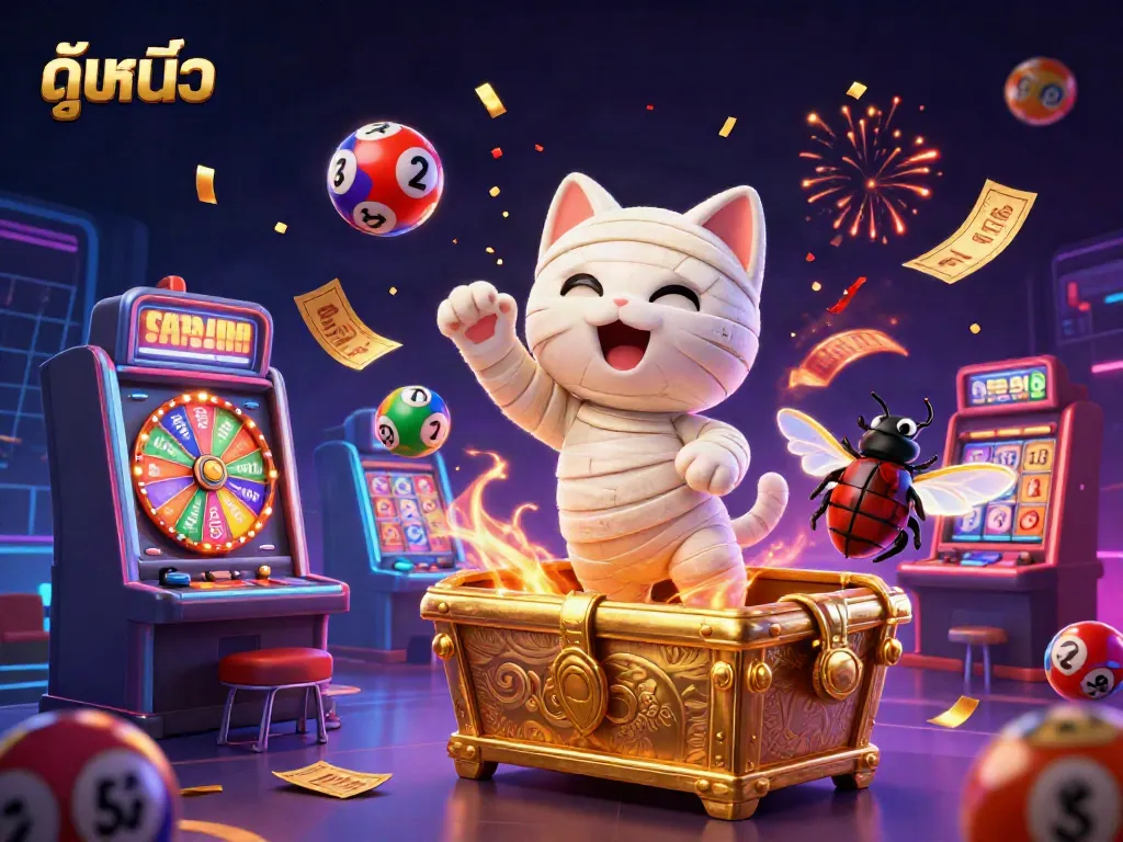 Experience the thrill of ดูหนังออนไลน์ with a vibrant casino scene featuring a mummy cat, spinning wheels, and colorful lottery balls.