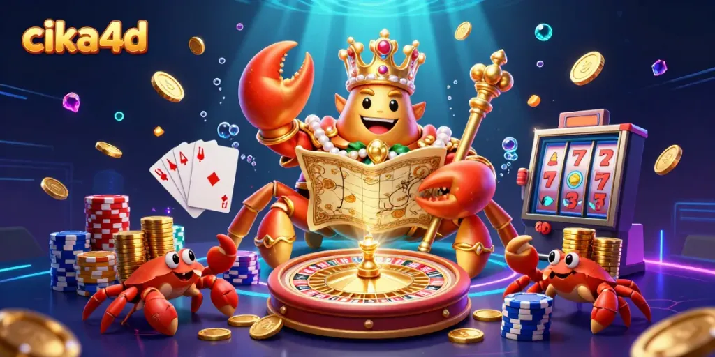 Experience CIKA4D's vibrant casino scene with a golden crab emperor amidst dazzling game elements.