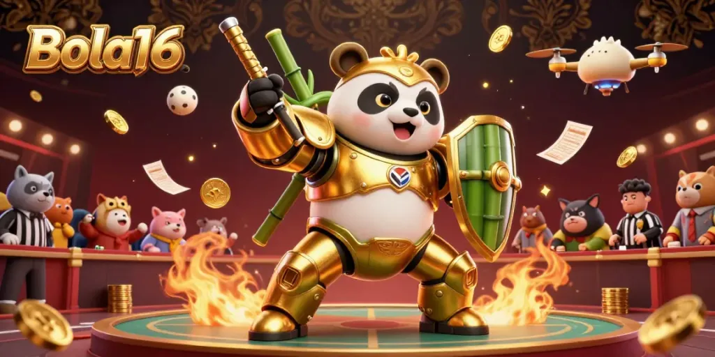 Bola16 platform showcasing a golden panda robot in a sports betting arena filled with gold coins.
