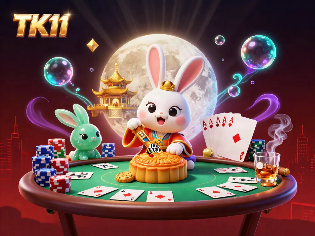 Experience TK11 with vibrant casino action featuring moon rabbits, poker chips, and a rich lunar backdrop.