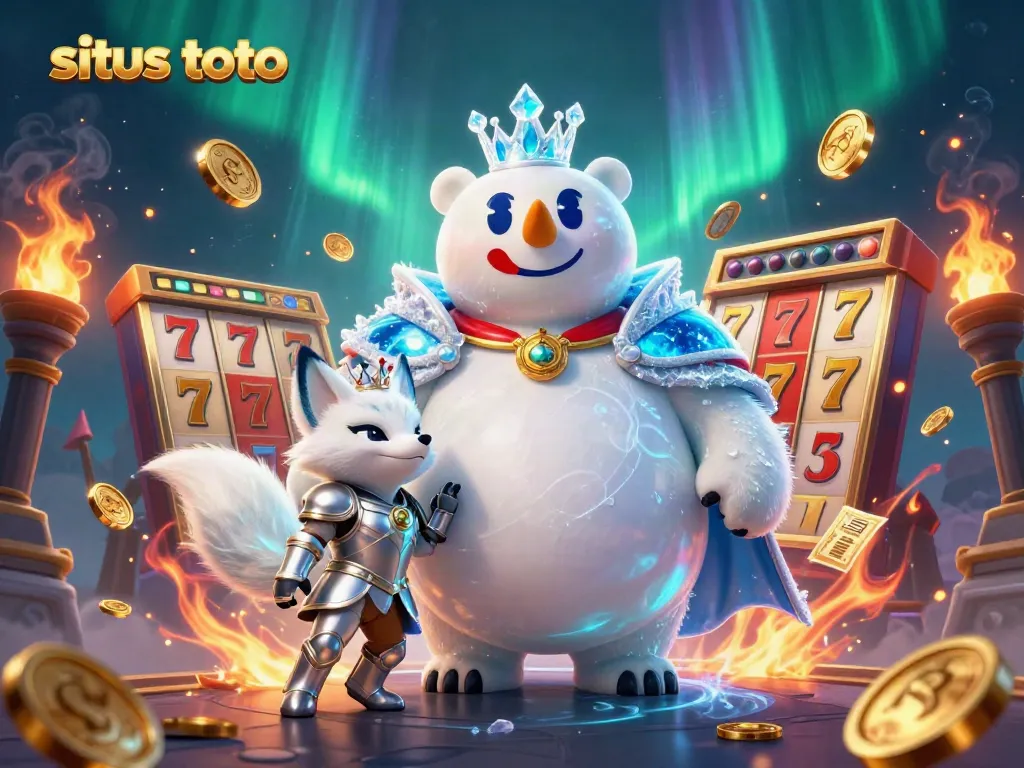 Engage with situs toto’s thrilling slot games featuring the ice king polar bear and snow fox in an enchanting casino scene.