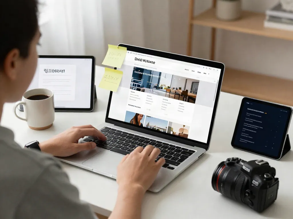 User interacting with a 링크모음 platform on a laptop in a bright modern workspace.