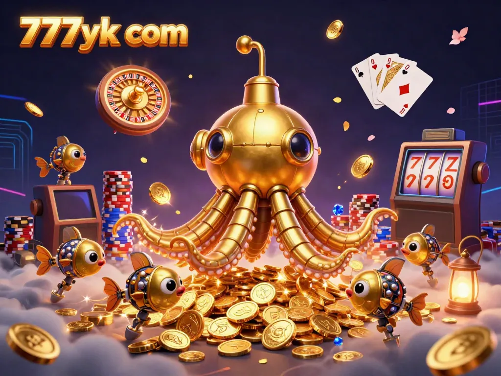 Experience the thrill of gaming with 777yk com featuring a golden kraken submarine in a rich casino scene.