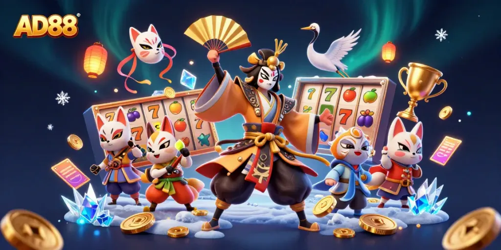 Spin the reels in AD88 with vibrant, detailed illustrations of kabuki warriors and jackpot elements.
