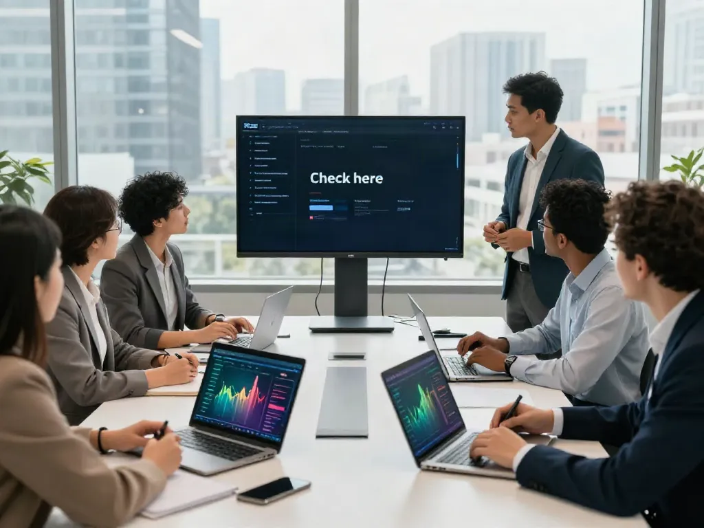 Team collaborating on payment systems, focusing on 'check here' options in a modern office.