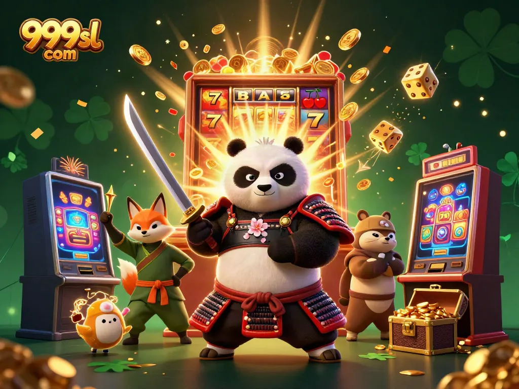 Engage with thrilling features of 999sl com, illustrated as samurai panda and ninja fox amidst casino excitement.