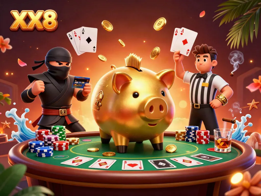 Engage with XX8’s gaming energy featuring iconic characters in a vibrant casino setting.