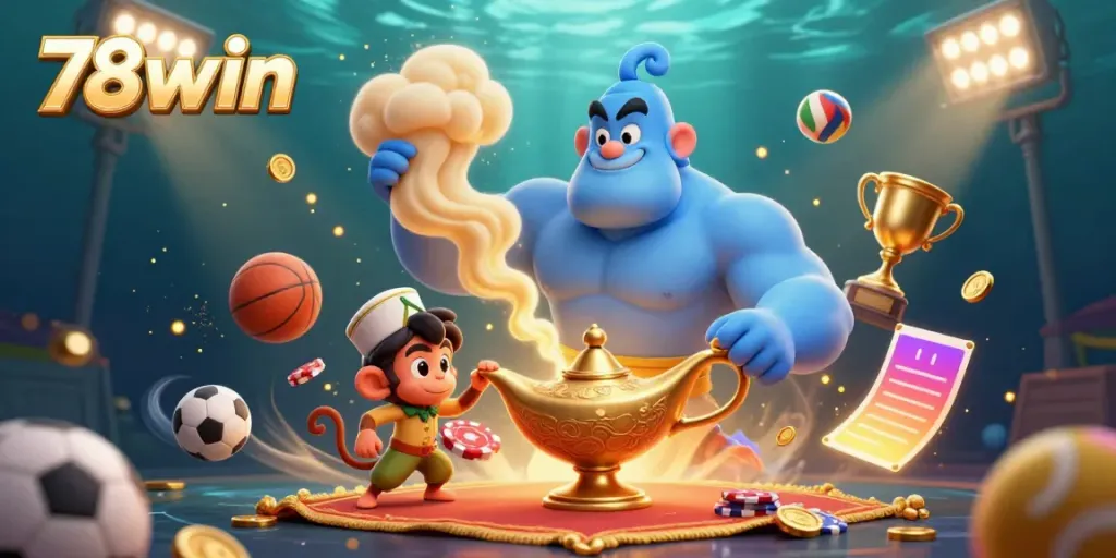 Experience the thrill of 78win with a magical genie, monkey, and poker chips in a vibrant casino scene.