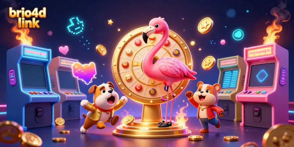 Engage in thrilling gaming action with BRIO4D link, showcasing a vibrant casino scene featuring game characters and exciting prizes.