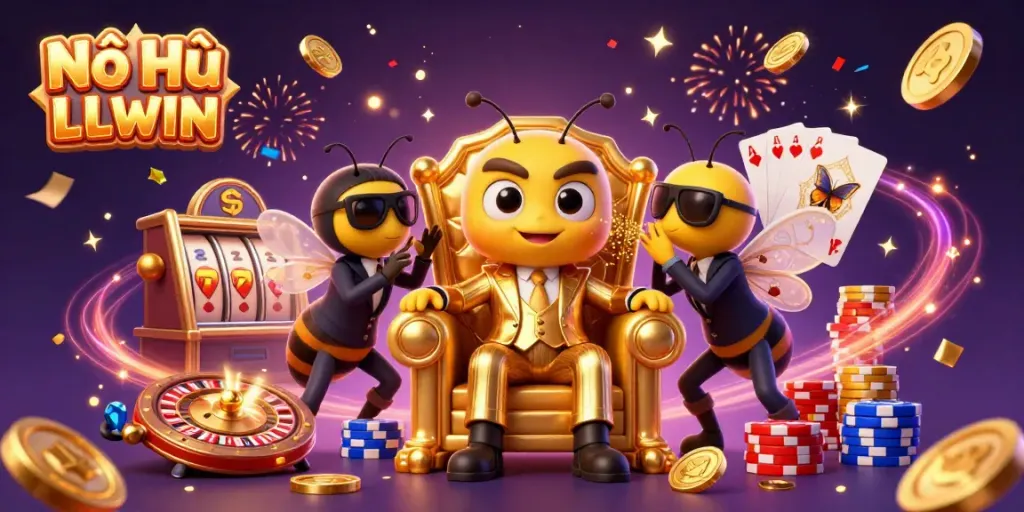 Nổ Hũ LLWIN visualizes thrilling jackpot action with dynamic characters in a vibrant casino scene