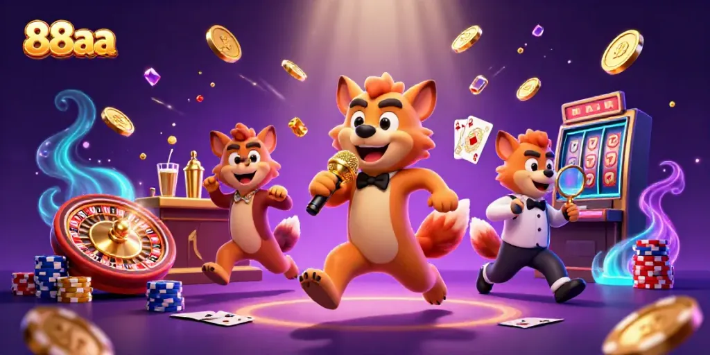 Enjoy casino games with 88aa's lively hyena characters amidst vibrant casino elements.