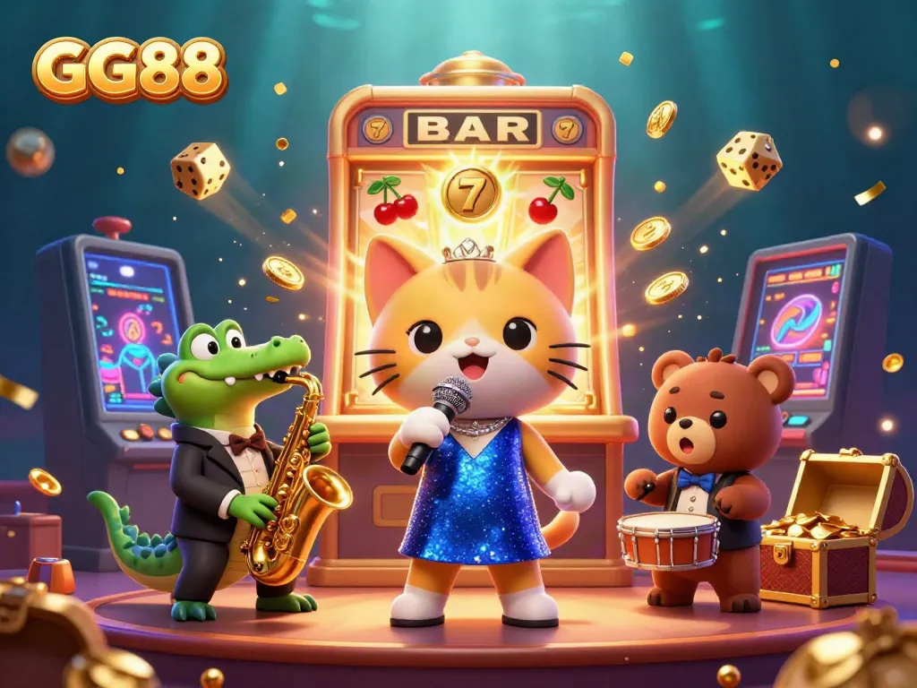 Experience the excitement of GG88 with a vibrant cartoon casino scene featuring singing cat, saxophone crocodile, and a drum bear.