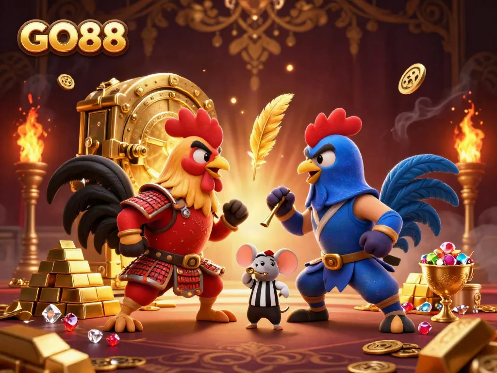 Experience thrilling games at GO88 with dynamic cartoon roosters in a vibrant casino scene.
