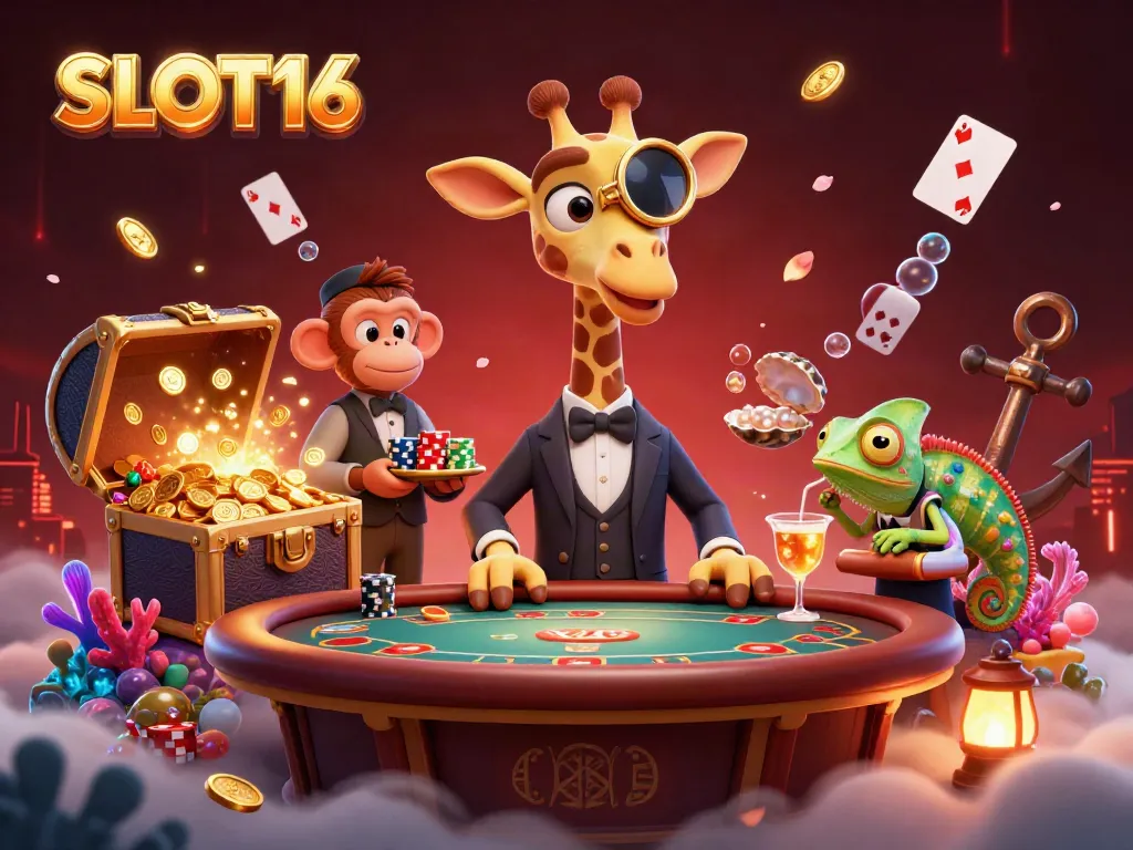 SLOT16's vibrant casino scene showcases a high-roller giraffe and a monkey valet amidst rich game elements.