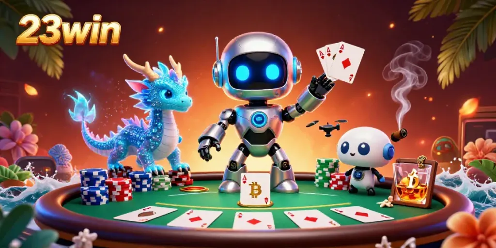 Engage with 23win's vibrant casino atmosphere featuring a robot mascot and poker action.