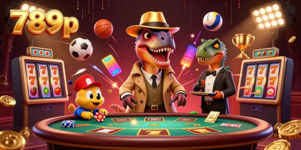A 3D velociraptor counter at blackjack table among ornate slot machines and sports elements, showcasing the excitement of 789p gaming.