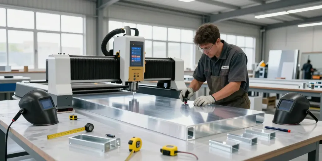 Aluminium fabrication in progress with technician using CNC machine in workshop.
