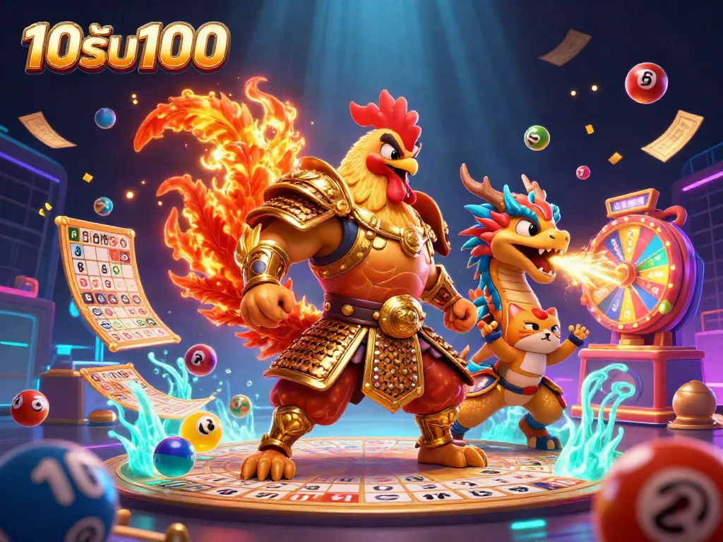 โปรโมชั่น 10รับ100 ที่มีกราฟิกเกมคาสิโนออนไลน์สุดพิเศษบนพื้นหลังเข้มข้น