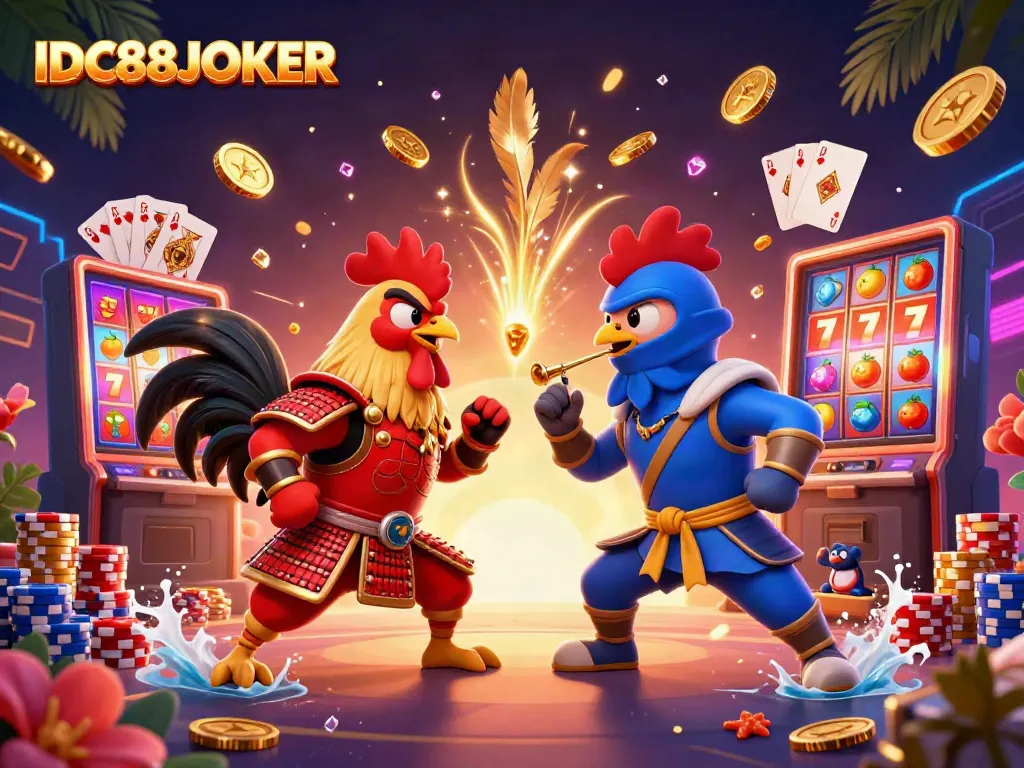 Experience IDC88JOKER's thrilling action with epic roosters in a vibrant casino showdown.