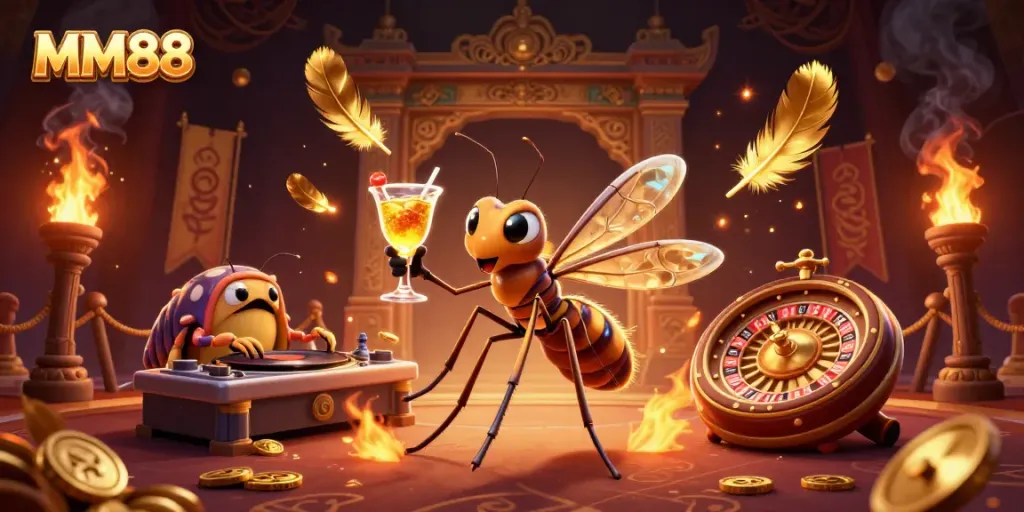 Engage with the dynamic MM88 casino experience featuring a lively mosquito mascot and a fossil DJ.