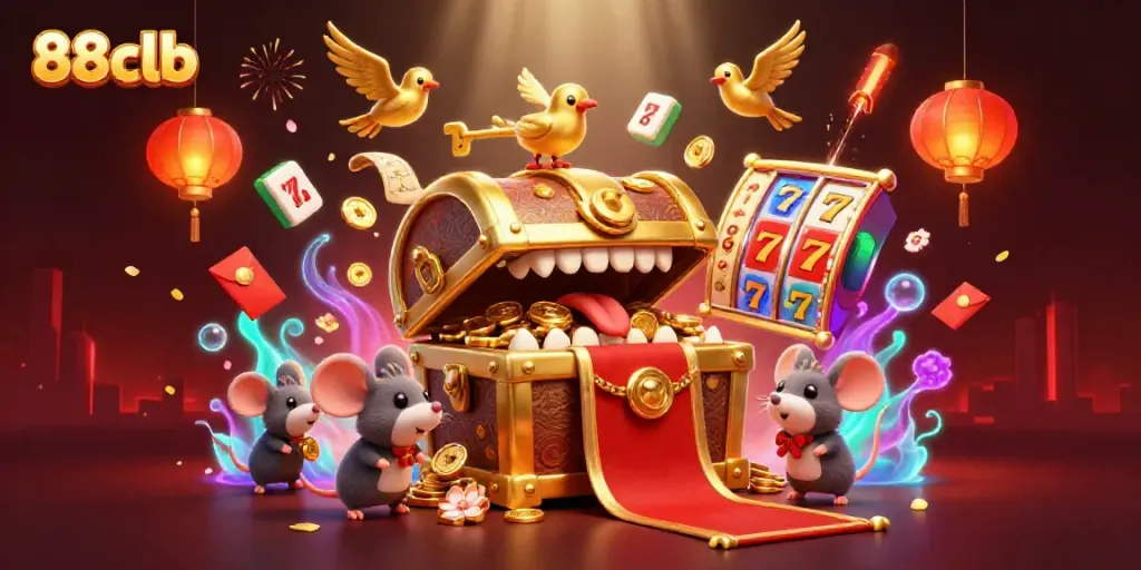 An engaging scene with 88clb's golden treasure chest mimic attracting adventurer mice surrounded by vibrant casino elements.