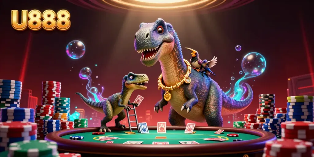 Experience thrilling gameplay at U888 with a whimsical 3D scene featuring a playful dinosaur dealer and vibrant poker elements.