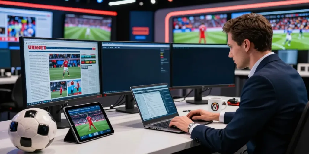 Football transfer market analysis with live updates, soccer ball, and digital screens showcasing ผลบอลสด.