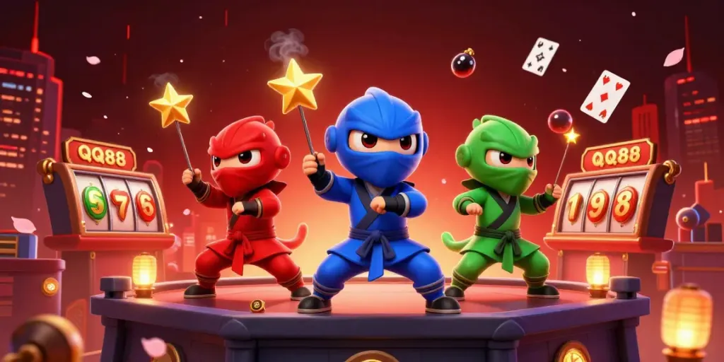 QQ88 ninjas showcase thrilling slot action and martial moves in a vibrant casino scene.