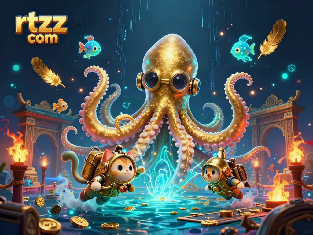 Experience the allure of rtzz com as a colossal kraken and diving cat battle in a treasure-filled ocean.
