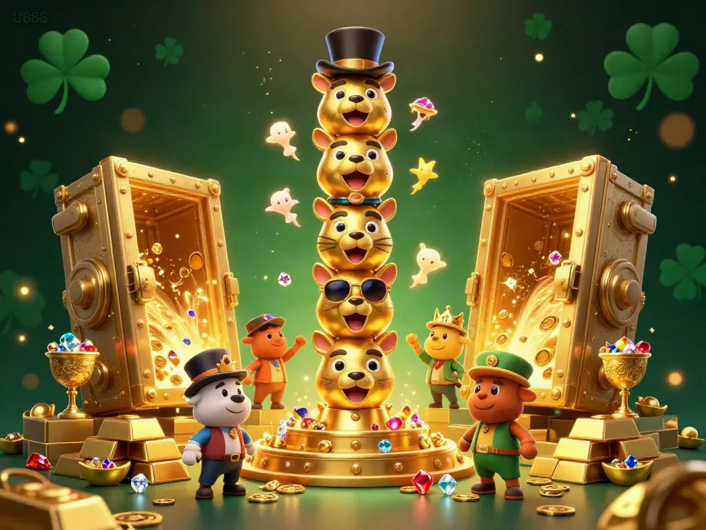 Experience vibrant gameplay at U888 with a dazzling scene of casino treasures and a unique golden totem pole illustration.