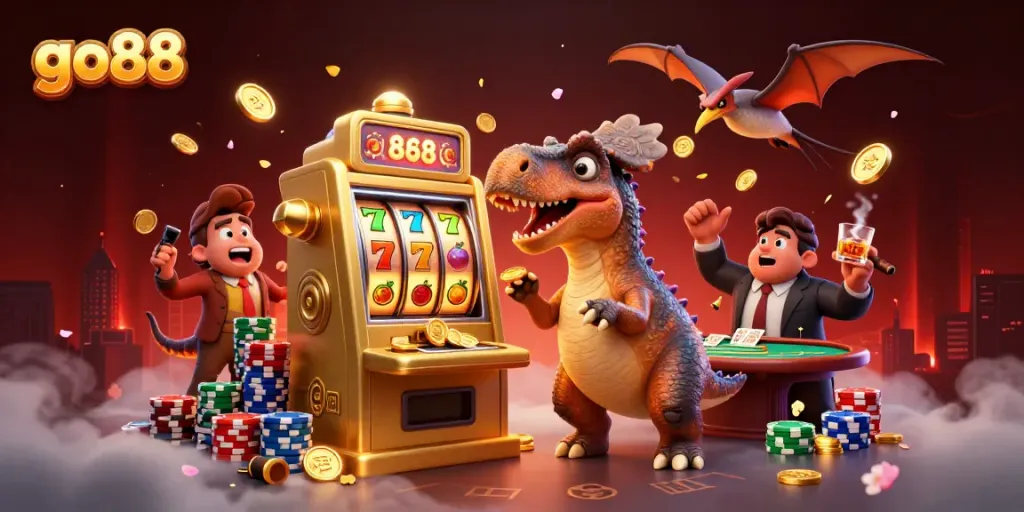 Experience the thrill of go88 with a cartoon dinosaur at a slot machine generating a jackpot.