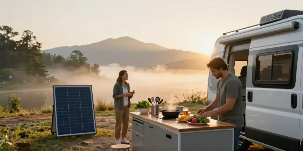 Couple using lithium batteries for RV at scenic campsite