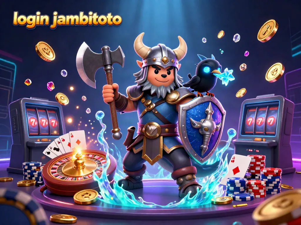 Login JambiToto, join the epic casino adventure with a Viking warrior and dragon amidst sparkling jewels.