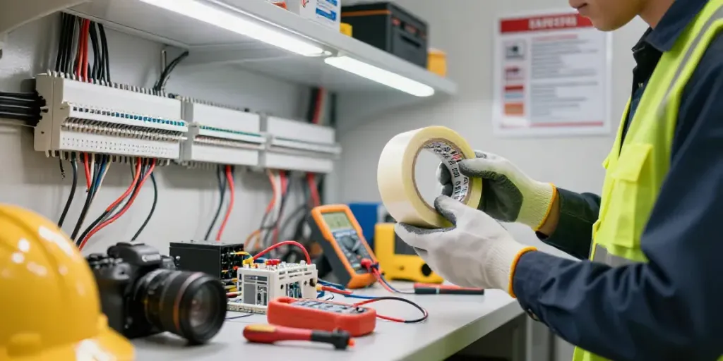 Technician using Link Super33 electrical tape in a bright workspace