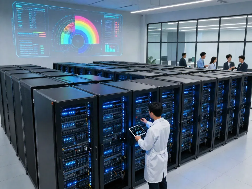 AI data center with GPU servers and engineers monitoring power usage and AI workloads.